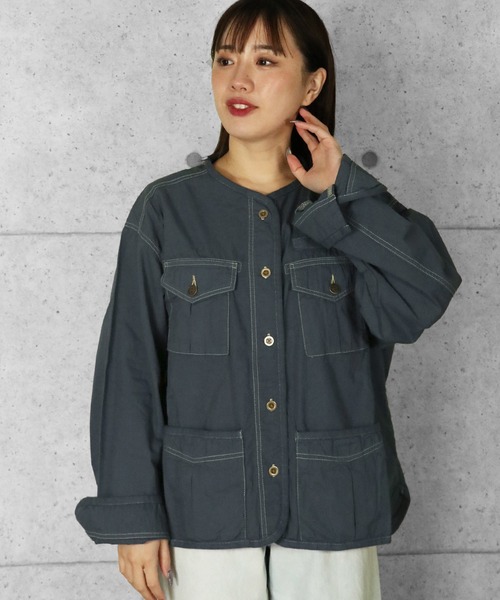 KRIFF MAYER Lady's Collection(クリフメイヤーレディースコレクション)の「ノーカラーミリタリーシャツJK(ミリタリージャケット・レディース・ナチュラル/ネイビー/ベージュ/ライトピンク・LARGE/MEDIUM)」の8枚目の写真