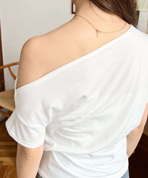 moment+(モーメントプラス)の「半袖ワンショルドレープカットソー(Tシャツ/カットソー・レディース・イエロー/杢グレー/オフホワイト/グレイッシュベージュ/ブラック/ピンク・M)」の12枚目の写真