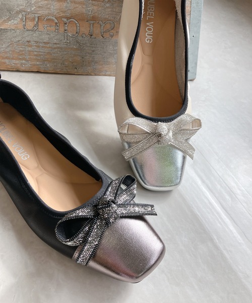 Noubel Voug Relax（ヌーベルヴォーグリラックス）の「スクエアトゥ リボン フラット レザーパンプス【2025新作】（パンプス・レディース・ブラック/アイボリー・24.5cm/24cm/23.5cm/23cm/22.5cm/25cm）」の10枚目の写真