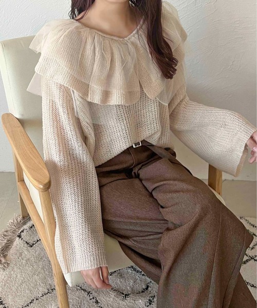apres jour clair(アプレジュールクレア)の「【apres jour clair】フリルデザインニット【ZOZOTOWN限定アイテム】(ニット/セーター・レディース・イエロー系その他/ピンクベージュ/アイボリー/チャコールグレー・フリー/X-LARGE)」の1枚目の写真
