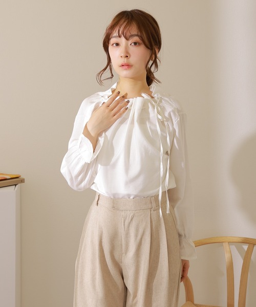 gather neck tie blouse /ギャザーネックリボンブラウス（シャツ