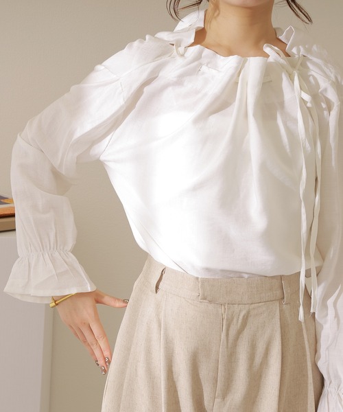 gather neck tie blouse /ギャザーネックリボンブラウス（シャツ