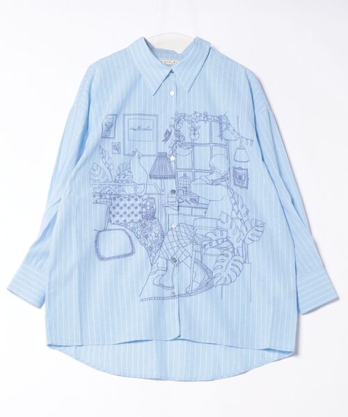 イズスカラー　551207：春の朝プリント ストライプチュニックシャツ セール】551207：春の朝プリント ストライプチュニックシャツ