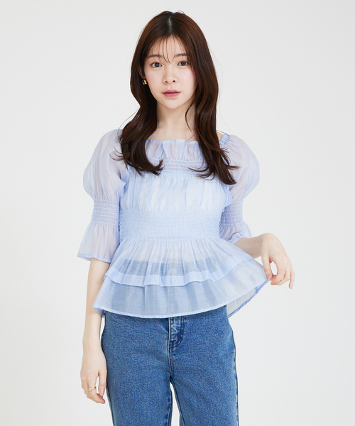 ブラウス シャツ 2WAYシャーリングシアーペプラムブラウス　オフショル/スクエアネック レディース SELFIST ブラウス シャツ 2WAYシャーリングシアーペプラム