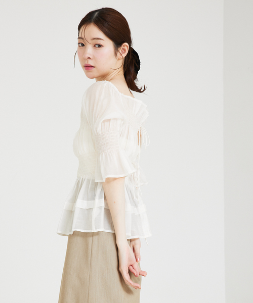 ブラウス シャツ 2WAYシャーリングシアーペプラムブラウス　オフショル/スクエアネック レディース セール】2WAYシャーリングシアーペプラムブラウス オフショル