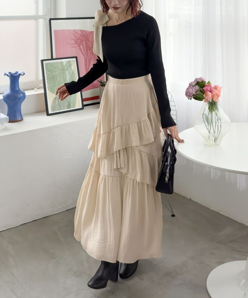 clear（クリア）の「【低身長サイズ有】ランダムフリルロングスカート[着回し抜群 大人 カジュアル]（スカート・レディース・ブラック/アイボリー/ブラック系その他・F/XS）」の10枚目の写真