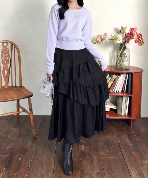 clear（クリア）の「【低身長サイズ有】ランダムフリルロングスカート[着回し抜群 大人 カジュアル]（スカート・レディース・ブラック/アイボリー/ブラック系その他・F/XS）」の11枚目の写真