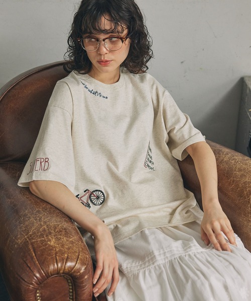 配色 落書き刺繍 オーバーサイズ 半袖Tシャツ MONO-MART LADY'S