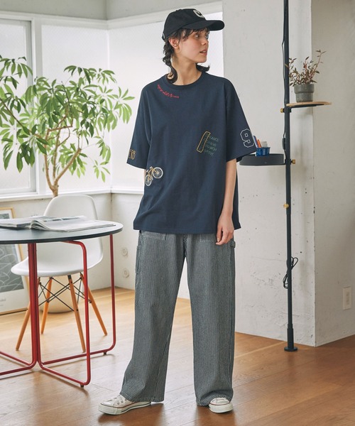 セール】配色 落書き刺繍 オーバーサイズ 半袖Tシャツ（Tシャツ