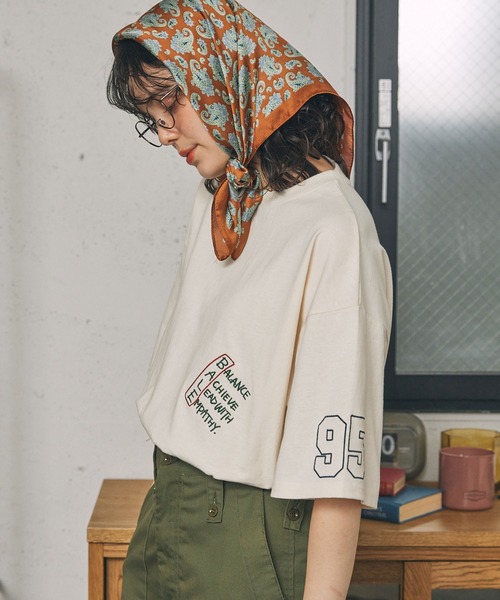 セール】配色 落書き刺繍 オーバーサイズ 半袖Tシャツ（Tシャツ