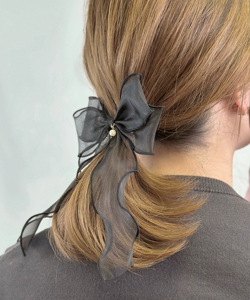 SALE♡ハンドメイド♡オーガンジーフリルポニークリップ② セール】ビジューダブルオーガンジーリボンフックポニー ヘアカフ