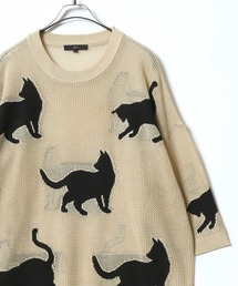 Allover Pattern Big Cat Openwork Knitting Summer Knit/半袖 総柄 ネコ アニマル ニット 透かし編み サマーニット メンズ レディース