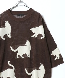 Allover Pattern Big Cat Openwork Knitting Summer Knit/半袖 総柄 ネコ アニマル ニット 透かし編み サマーニット メンズ レディース