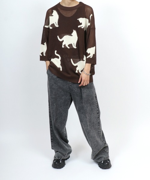 ANPAS(アンパス)の「Allover Pattern Big Cat Openwork Knitting Summer Knit/半袖 総柄 ネコ アニマル ニット 透かし編み サマーニット メンズ レディース(ニット/セーター・メンズ・ブラウン/ブラック/ベージュ・M/L)」の10枚目の写真