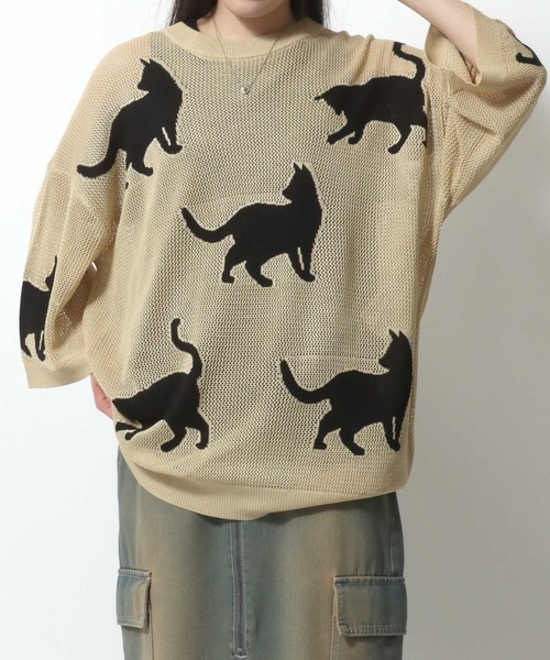 セール】Allover Pattern Big Cat Openwork Knitting Summer