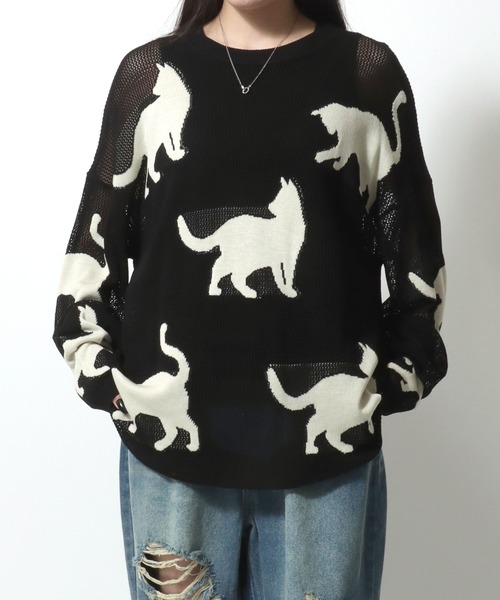 ANPAS(アンパス)の「Allover Pattern Big Cat Openwork Knitting Summer Knit/半袖 総柄 ネコ アニマル ニット 透かし編み サマーニット メンズ レディース(ニット/セーター・メンズ・ブラウン/ブラック/ベージュ・M/L)」の4枚目の写真
