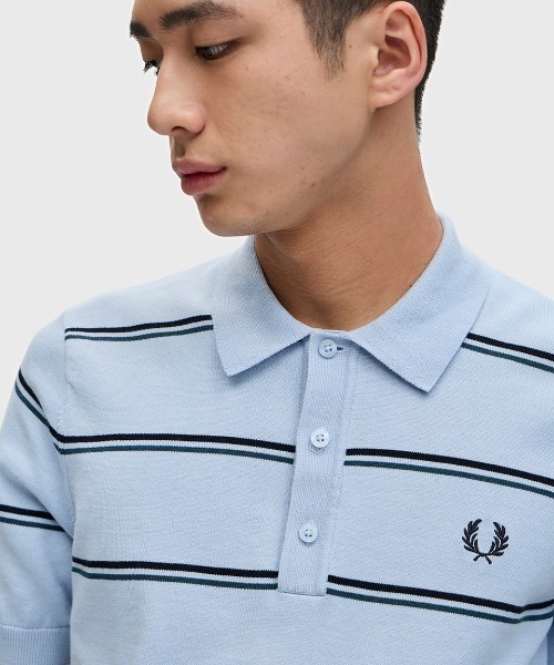 FRED PERRY ストライプ ニットポロシャツ L セール】Striped Knitted Polo Shirt／ストライプニット
