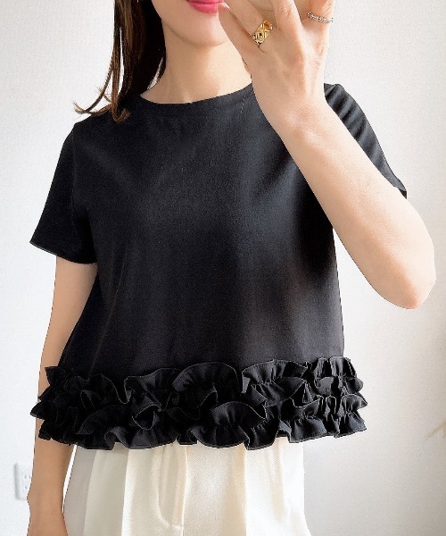 ASTRÆT フリル付き黒半袖Tシャツ ZOZO限定】裾フリルTシャツ(接触冷感・UVカット)(Tシャツ