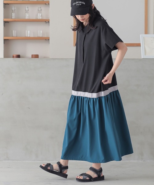 n'OrLABEL(ノアールレーベル)の「配色切替シャツワンピース(シャツワンピース・レディース・ベージュ/チャコール/ブラック・2/1)」の2枚目の写真