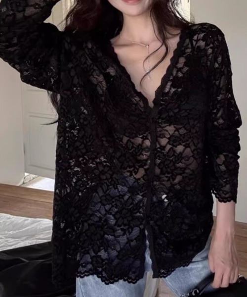 Achic（アシック）の「フラワーレースVネックシアーブラウス（シャツ/ブラウス・レディース・ホワイト/ブラック・M）」の13枚目の写真