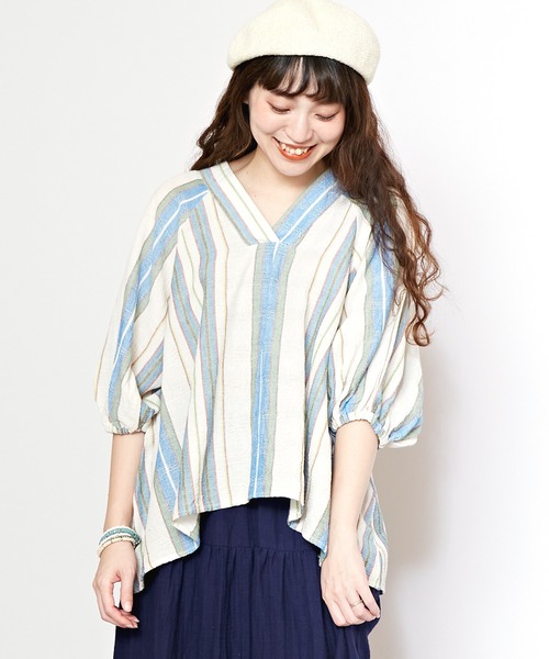 チャイハネ(チャイハネ)の「【チャイハネ】インド綿ストライプ織り デルアトップス(その他トップス・レディース・ホワイト/グリーン/オレンジ・FREE)」の2枚目の写真
