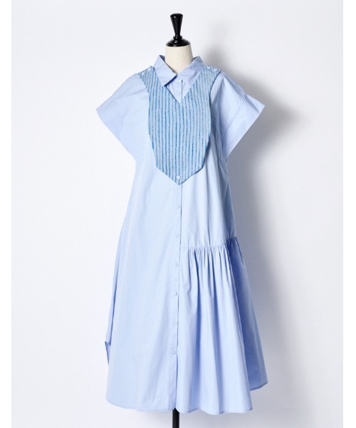 RUMCHE（ラムシェ）の「Knit Bonding Shirt Dress / ニットボンディングシャツドレス（シャツワンピース・レディース・サックスブルー/ホワイト・FREE）」の9枚目の写真