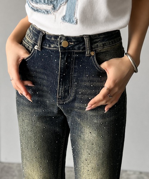 MUVElL ビジュー付き デニム ガウチョパンツ ワイドパンツ キラキラ