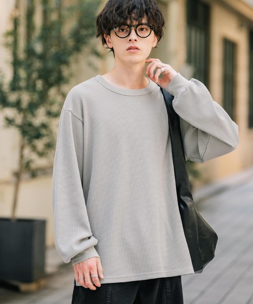 Rocky Monroe(ロッキーモンロー)の「新色追加 オーバーサイズ T/Cワッフルクルーネック長袖Tシャツ(Tシャツ/カットソー・メンズ・チャコール/オートミール/ホワイト/ブラック/グレー/ブルーグレー/ピンク・L/XL/M)」の3枚目の写真