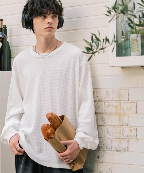 Rocky Monroe(ロッキーモンロー)の「新色追加 オーバーサイズ T/Cワッフルクルーネック長袖Tシャツ(Tシャツ/カットソー・メンズ・チャコール/オートミール/ホワイト/ブラック/グレー/ブルーグレー/ピンク・L/XL/M)」の16枚目の写真