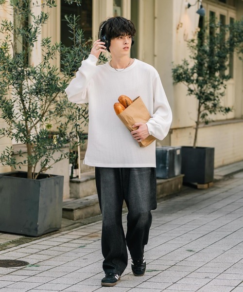 Rocky Monroe(ロッキーモンロー)の「新色追加 オーバーサイズ T/Cワッフルクルーネック長袖Tシャツ(Tシャツ/カットソー・メンズ・チャコール/オートミール/ホワイト/ブラック/グレー/ブルーグレー/ピンク・L/XL/M)」の14枚目の写真