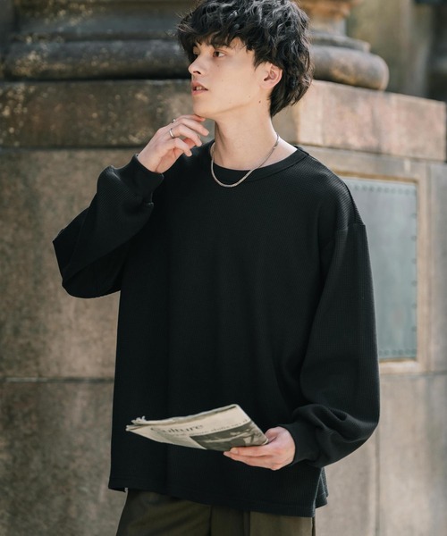 Rocky Monroe(ロッキーモンロー)の「新色追加 オーバーサイズ T/Cワッフルクルーネック長袖Tシャツ(Tシャツ/カットソー・メンズ・チャコール/オートミール/ホワイト/ブラック/グレー/ブルーグレー/ピンク・L/XL/M)」の18枚目の写真