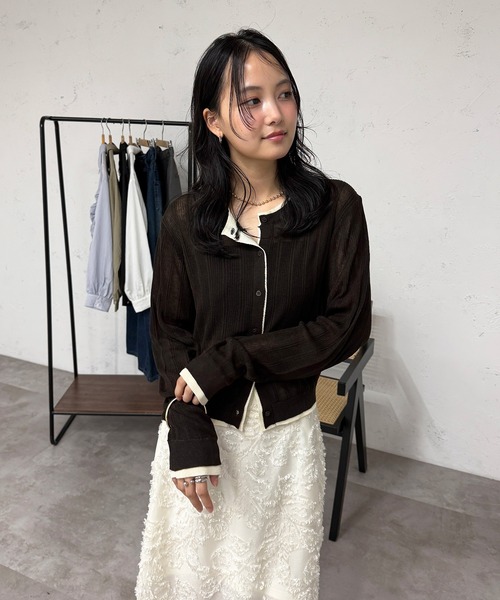 layered-look crew neck sheer knit cardigan / レイヤード風