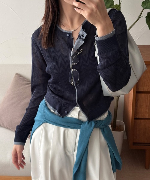 layered-look crew neck sheer knit cardigan / レイヤード風