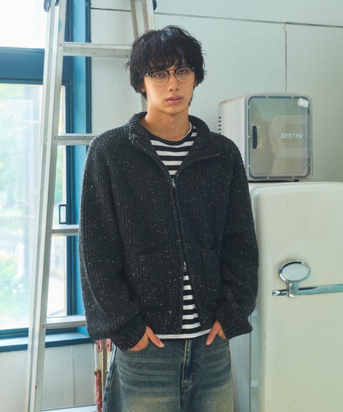 Elanque(エランク)の「Full-zip nep knit/フルジップネップニット(ニット/セーター・メンズ・ブラウン/ブラック・LARGE/MEDIUM/SMALL)」の1枚目の写真