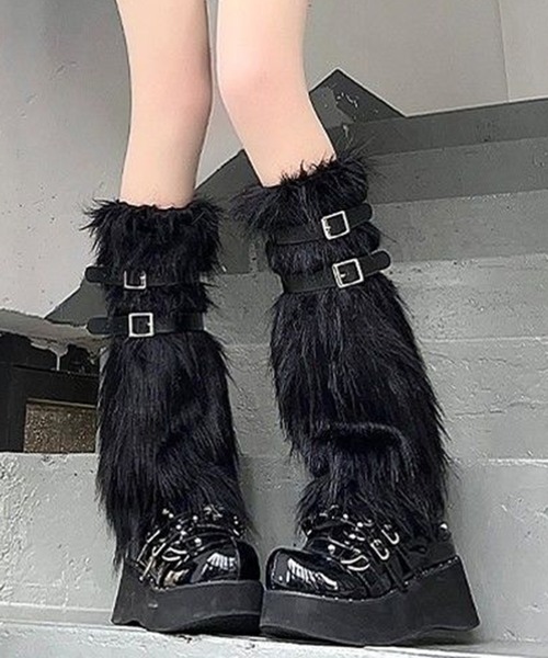 9C63 フェイクファー レッグカバー ベルト付き ブーツカバー 脚長