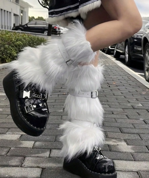 セール】9C63 フェイクファー レッグカバー ベルト付き ブーツカバー