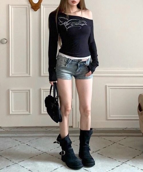 Riff(リフ)の「ラインストーンワンショル裾レースロンT(Tシャツ/カットソー・レディース・ブラック/グレー・M)」の14枚目の写真