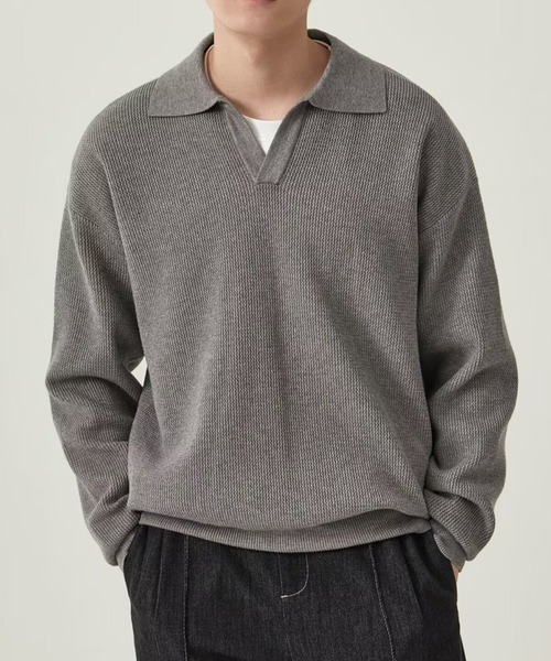 CREARE -LINO-(クレアーレリノ)の「ベーシックオープンカラーニットポロ(ポロシャツ・メンズ・ブラック/グレー・L/M)」の2枚目の写真