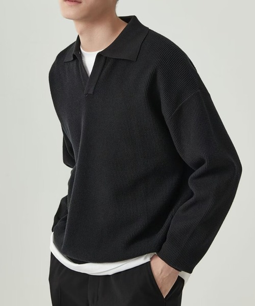 CREARE -LINO-(クレアーレリノ)の「ベーシックオープンカラーニットポロ(ポロシャツ・メンズ・ブラック/グレー・L/M)」の1枚目の写真
