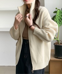 ルーズシルエットダブルジップスタンドネックニットカーディガン 春ニット