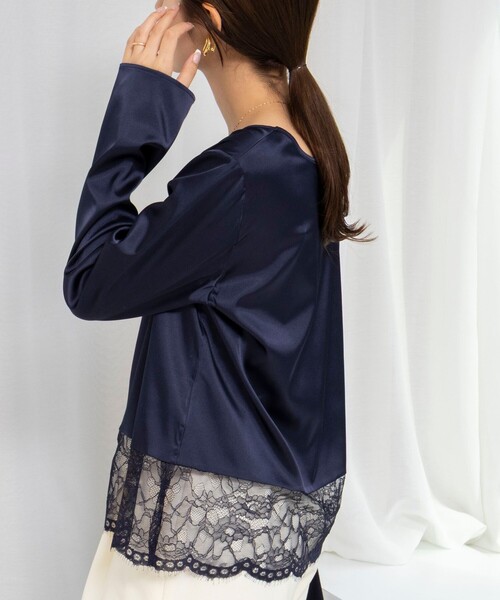 ウォッシャブル裾レース2WAYオトナサテンブラウス（シャツ/ブラウス