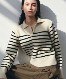 SLIM STRIPE OPEN COLLAR SWEATER_LIGHT BEIGE