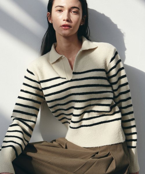 NICK&NICOLE(ニックアンドニコール)の「SLIM STRIPE OPEN COLLAR SWEATER_LIGHT BEIGE(ニット/セーター・レディース・その他・FREE)」の1枚目の写真