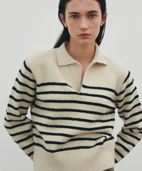 NICK&NICOLE(ニックアンドニコール)の「SLIM STRIPE OPEN COLLAR SWEATER_LIGHT BEIGE(ニット/セーター・レディース・その他・FREE)」の2枚目の写真