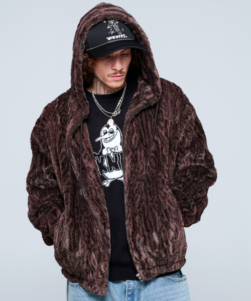 ムートン セール】FAUX FUR ZIPUP HOODIE (BROWN)（ムートンコート）｜WKNDRS
