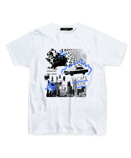 ESCAPEFROM(エスケープフロム)の「ブルーバーニングシティTシャツホワイト(Tシャツ/カットソー・レディース・その他・SMALL/MEDIUM/LARGE)」の1枚目の写真