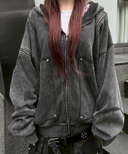 Never mind the XU】studs washing zip up hoodie / 【ネバーマインド
