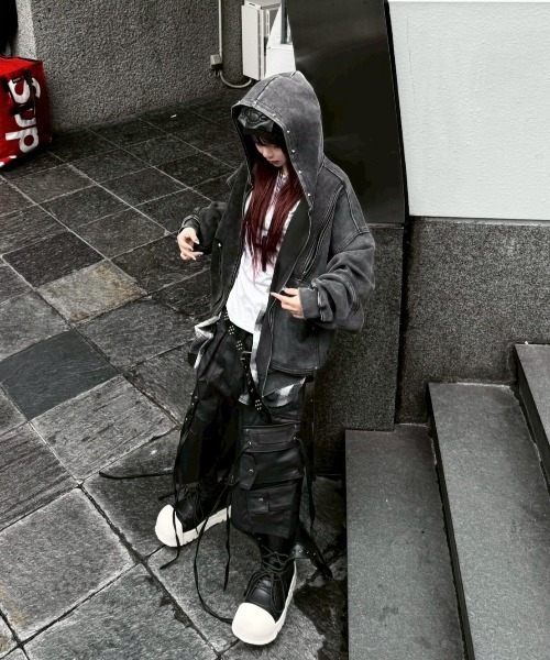 Never mind the XU】studs washing zip up hoodie / 【ネバーマインド