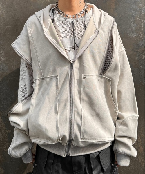 Never mind the XU（ネバーマインドザエックスユー）の「【Never mind the XU】studs washing zip up hoodie / 【ネバーマインド ザ エックスユー】スタッズウォッシングジップパーカー（パーカー・メンズ・ホワイト/ブラック・L）」の7枚目の写真