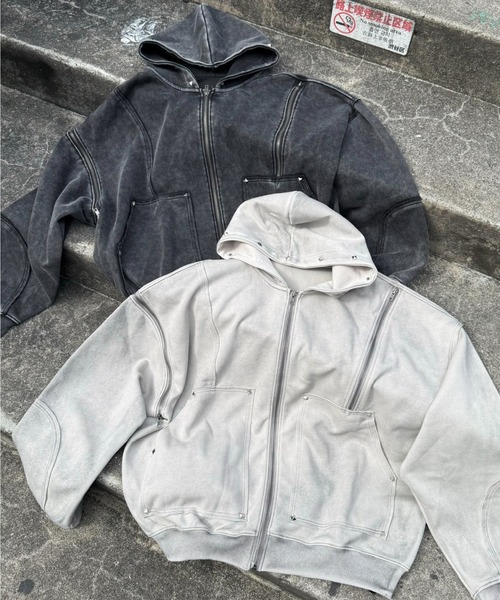 Never mind the XU（ネバーマインドザエックスユー）の「【Never mind the XU】studs washing zip up hoodie / 【ネバーマインド ザ エックスユー】スタッズウォッシングジップパーカー（パーカー・メンズ・ホワイト/ブラック・L）」の3枚目の写真